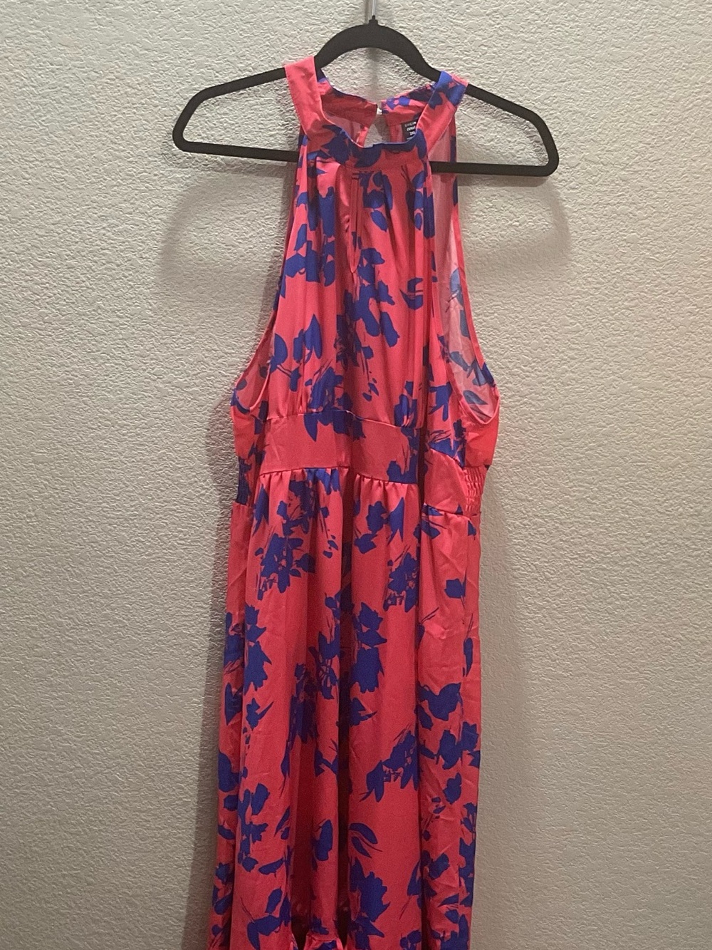 SHEIN Coral Pink Maxi Dress with Blue Floral Print